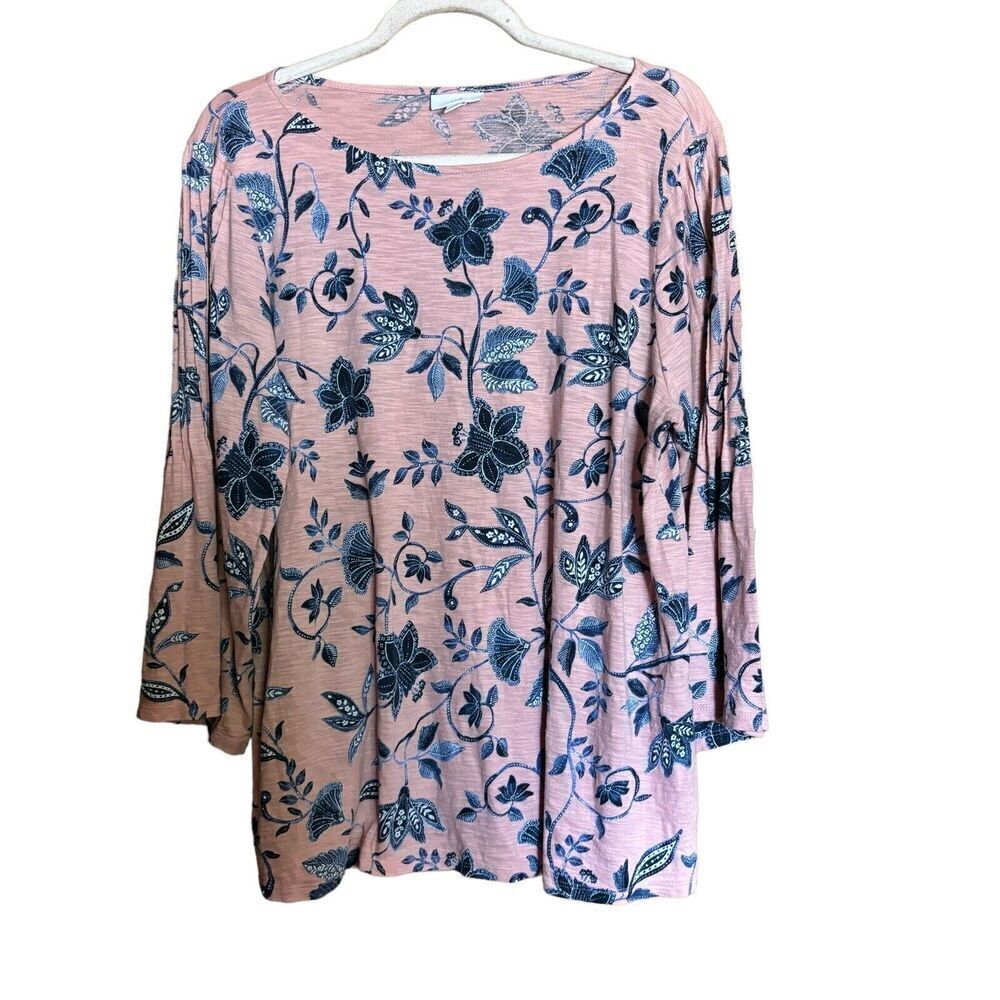 J Jill Top Womens Large Multicolor Floral Print Stretch Boatneck Romantic Blouse